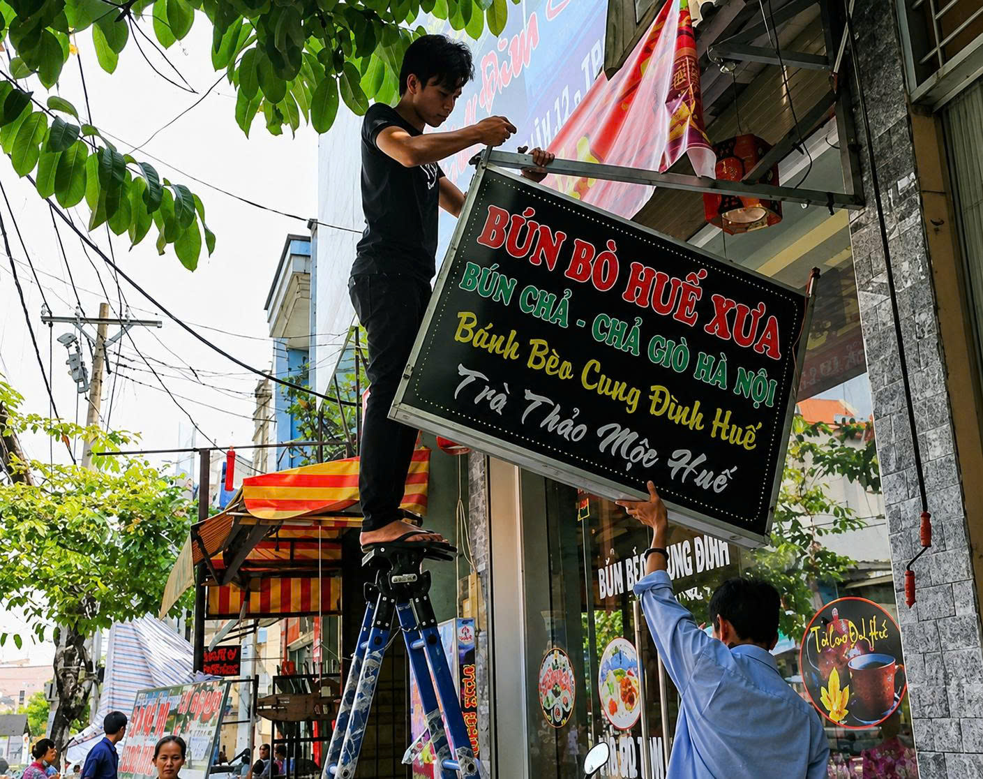 tháo dỡ bảng hiệu